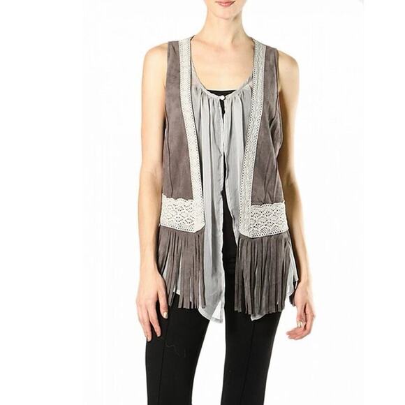 Ryu Boho Fringe Vest Sz Large Taupe Faux Suede Crochet Trim Festival Layering - Picture 1 of 11